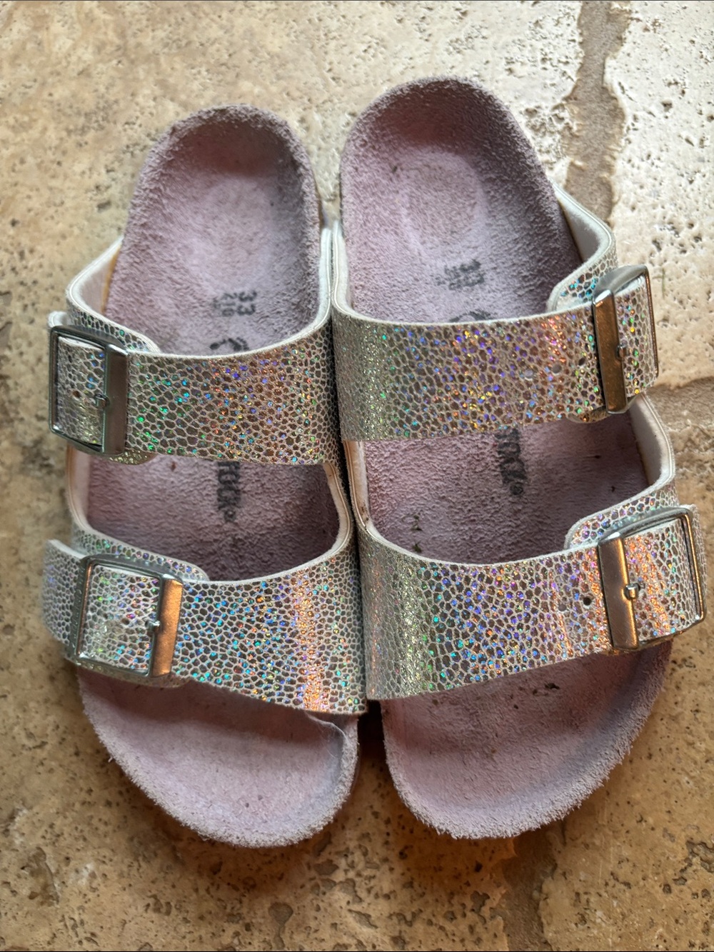 Birkenstock Kids Iridescent Silver Double-Buckle Sandals in size 33